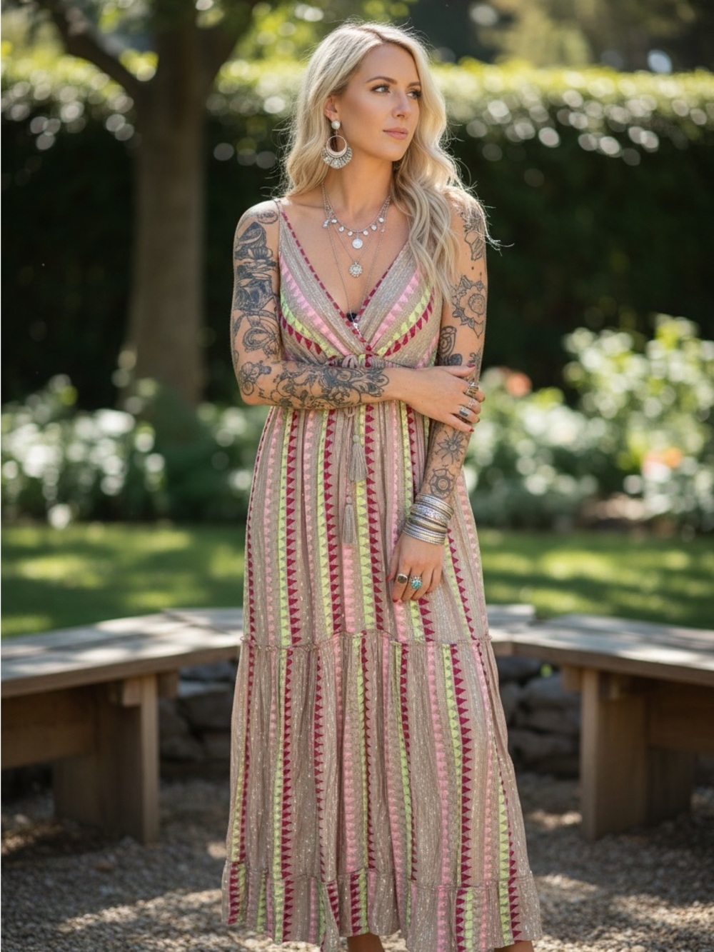 Gold & Silver Boho Chevron Maxi Dress - Metallic Striped Tassel Sundress Small - Picture 12 of 14